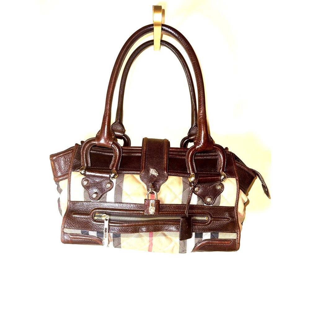 Burberry Bag, Authentic, House Check Patter, Brown Leather trim,
